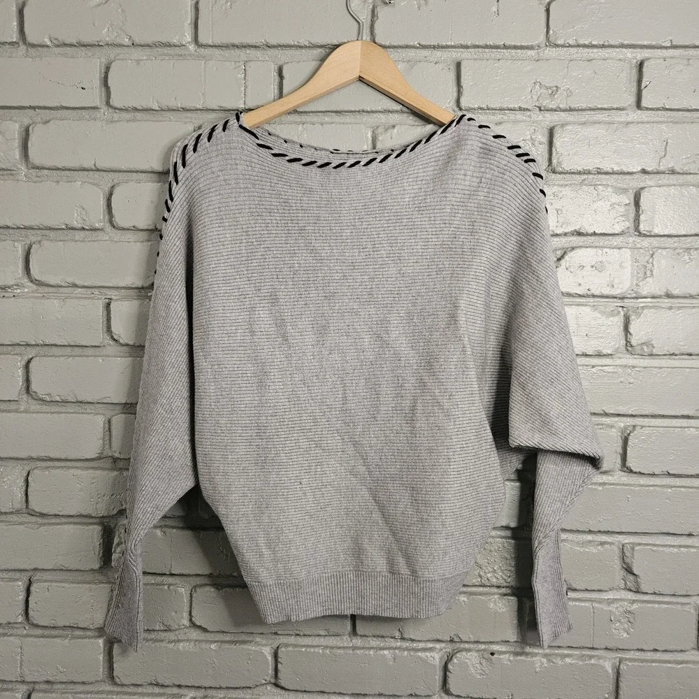 Magaschoni Womens Sweater XS Dolman Sleeve Contrast Stitch Ribbed Knit Boat Neck